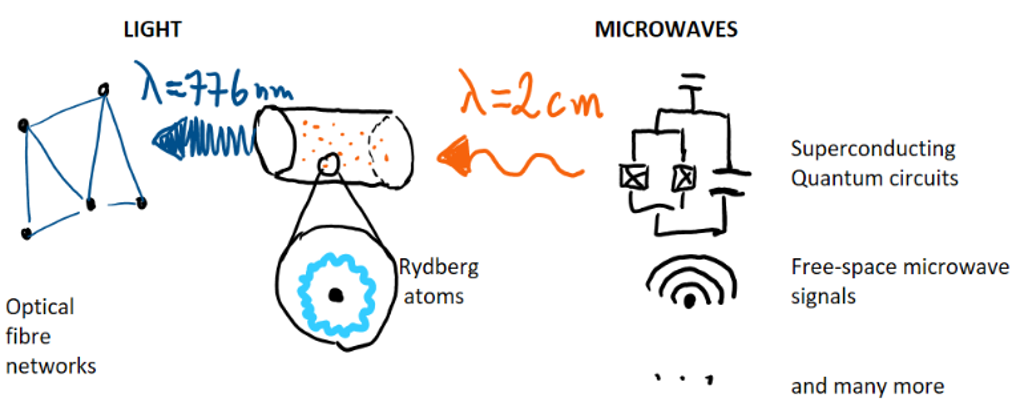 Sketch: Rydberg atoms in a vapour cell convert microwaves (2 cm wavelength) from superconducting quantum circuits and free-space signals into light (776 nm) for optical fibre networks