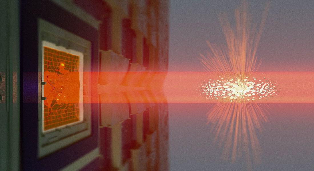 Artistic illustration: a laser beam links a patterned mechanical membrane (left) with a cloud of atoms (right)